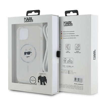 Husa MagSafe pentru Apple iPhone 15, Karl Lagerfeld, IML Crossbody Choupette's Head with Strap, Transparenta