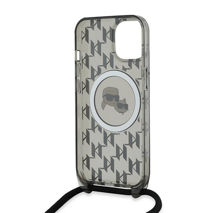 Husa MagSafe pentru Apple iPhone 15, Karl Lagerfeld, IML Crossbody Monogram Karl & Choupette's Heads, Neagra