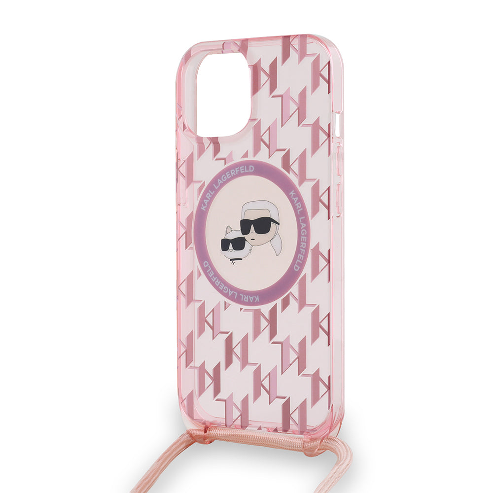 Husa MagSafe pentru Apple iPhone 15, Karl Lagerfeld, IML Crossbody Monogram Karl & Choupette's Heads, Roz
