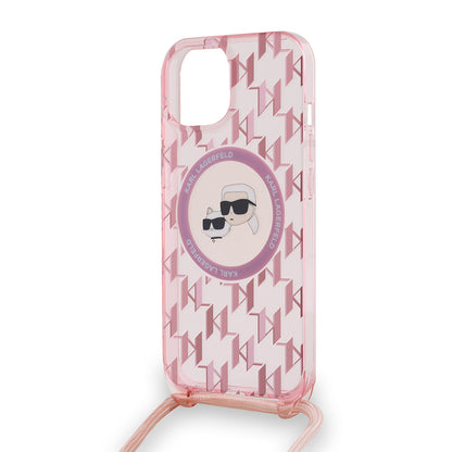 Husa MagSafe pentru Apple iPhone 15, Karl Lagerfeld, IML Crossbody Monogram Karl & Choupette's Heads, Roz