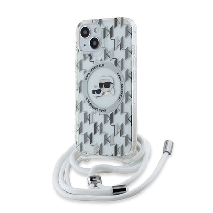 Husa MagSafe pentru Apple iPhone 15, Karl Lagerfeld, IML Crossbody Monogram Karl & Choupette's Heads, Transparenta