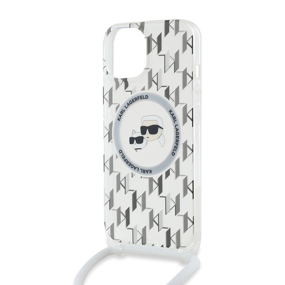 Husa MagSafe pentru Apple iPhone 15, Karl Lagerfeld, IML Crossbody Monogram Karl & Choupette's Heads, Transparenta