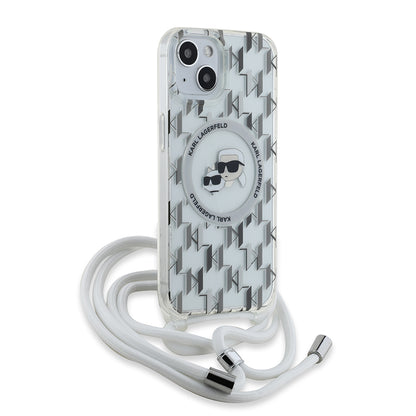 Husa MagSafe pentru Apple iPhone 15, Karl Lagerfeld, IML Crossbody Monogram Karl & Choupette's Heads, Transparenta