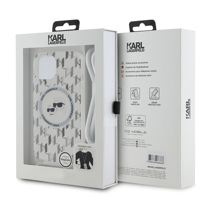 Husa MagSafe pentru Apple iPhone 15, Karl Lagerfeld, IML Crossbody Monogram Karl & Choupette's Heads, Transparenta