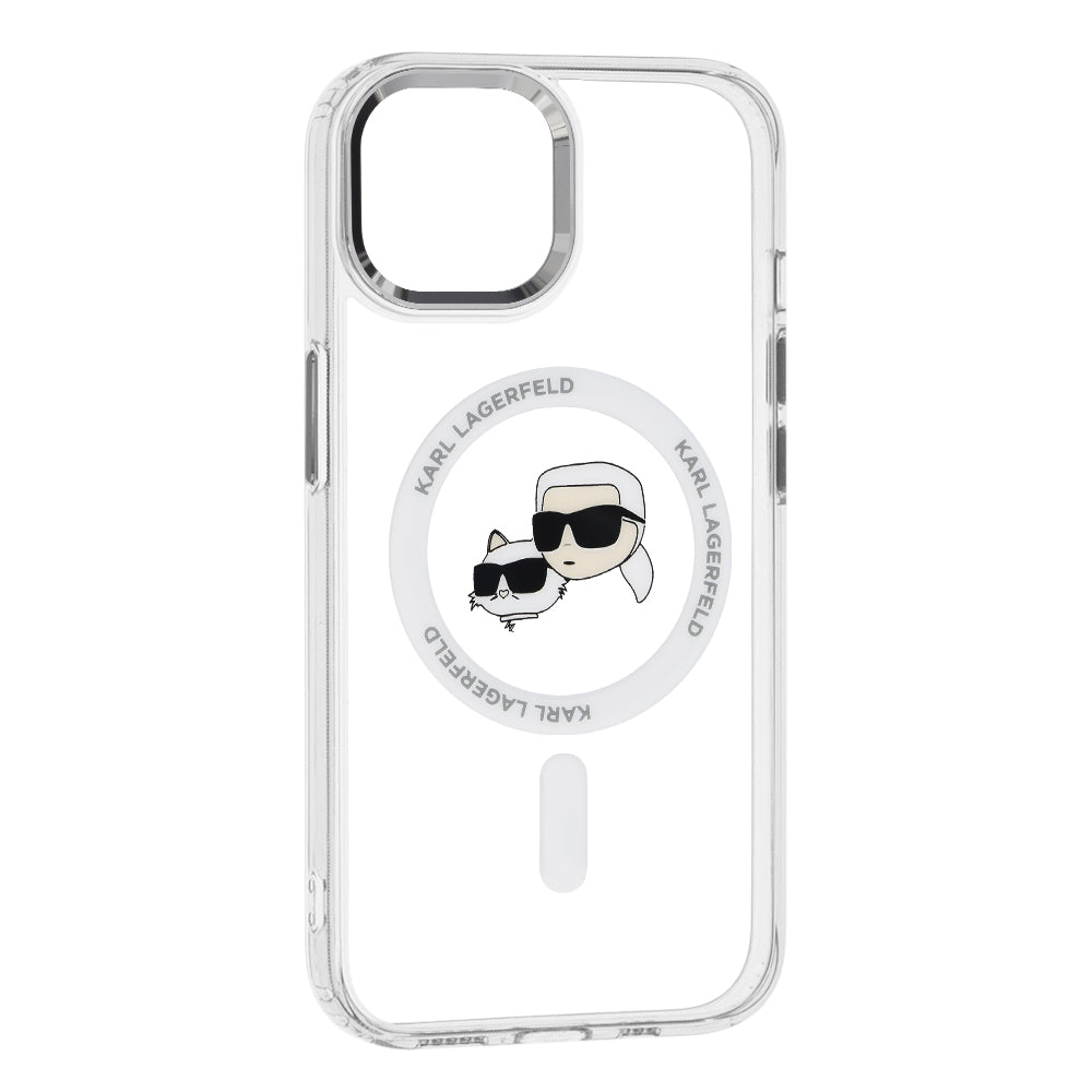 Husa MagSafe pentru Apple iPhone 15, Karl Lagerfeld, IML Metal Karl & Choupette's Heads, Alba