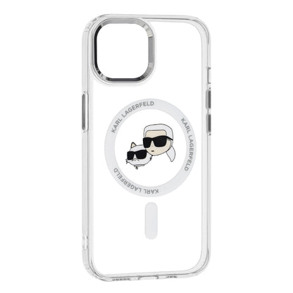 Husa MagSafe pentru Apple iPhone 15, Karl Lagerfeld, IML Metal Karl & Choupette's Heads, Alba
