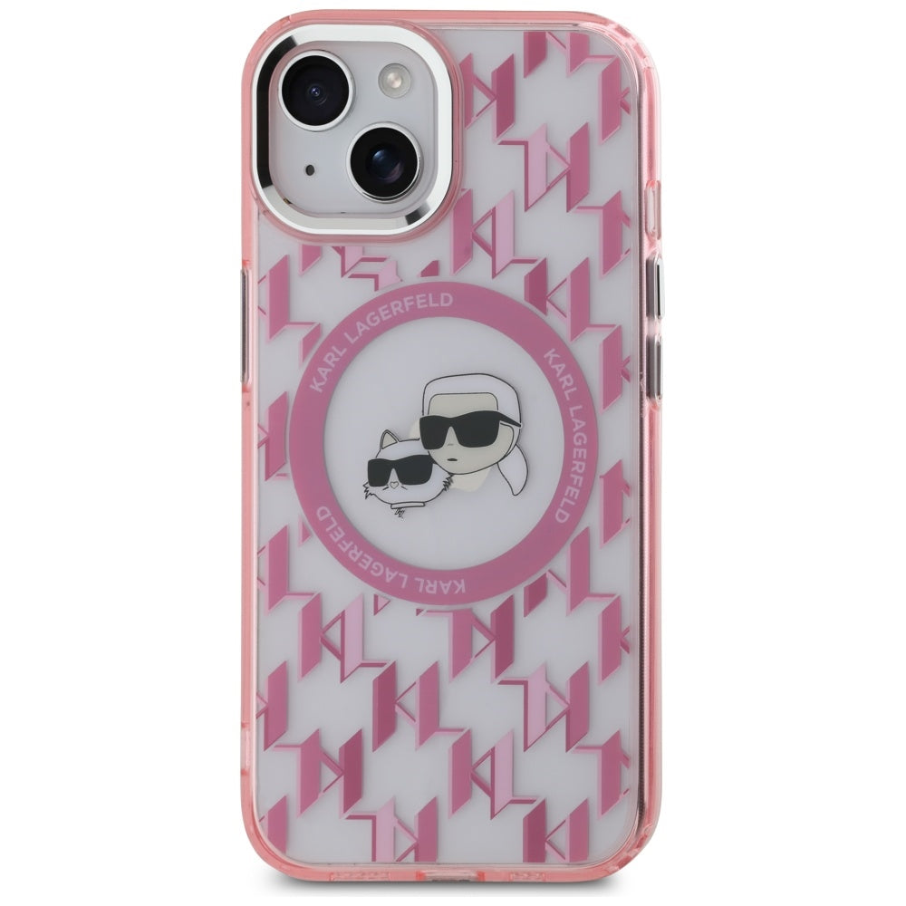 Husa MagSafe pentru Apple iPhone 15, Karl Lagerfeld, IML Monogram Karl & Choupette's Heads, Roz