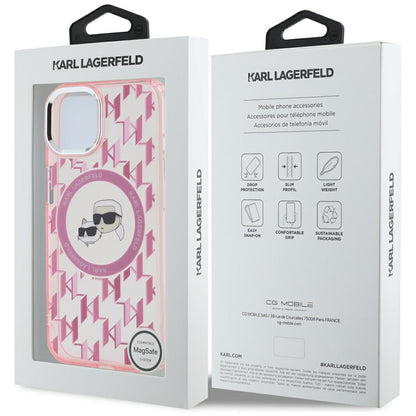 Husa MagSafe pentru Apple iPhone 15, Karl Lagerfeld, IML Monogram Karl & Choupette's Heads, Roz