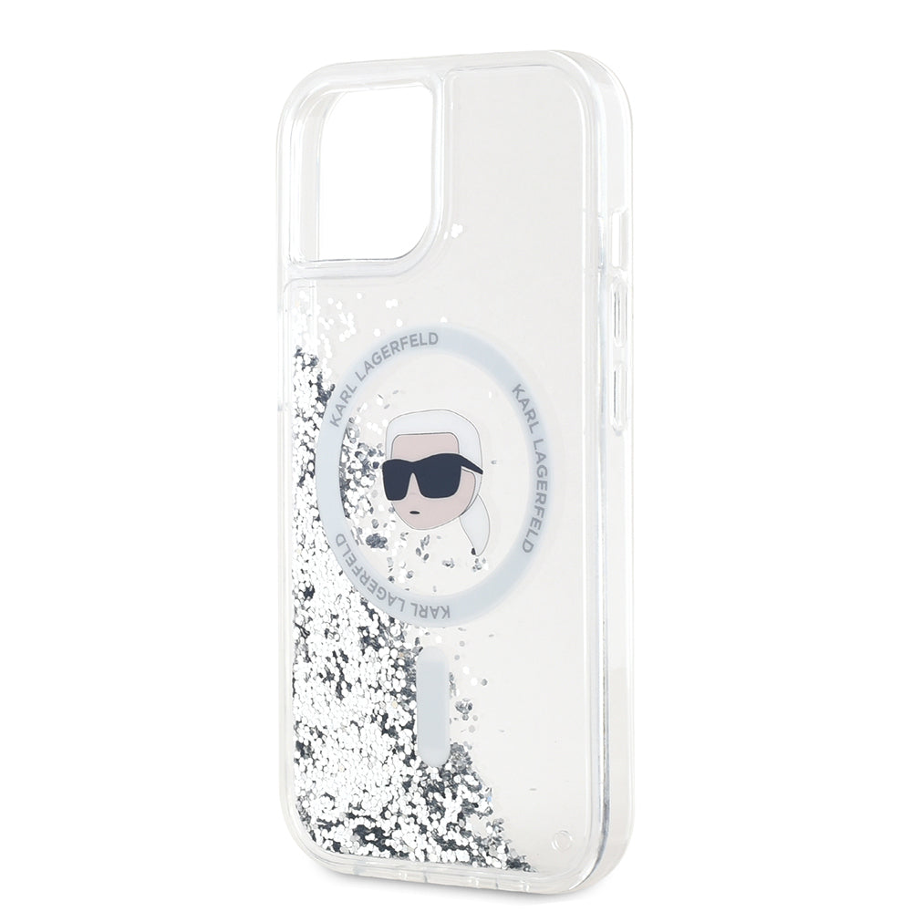 Husa MagSafe pentru Apple iPhone 15, Karl Lagerfeld, Liquid Glitter Karl's Head, Transparenta