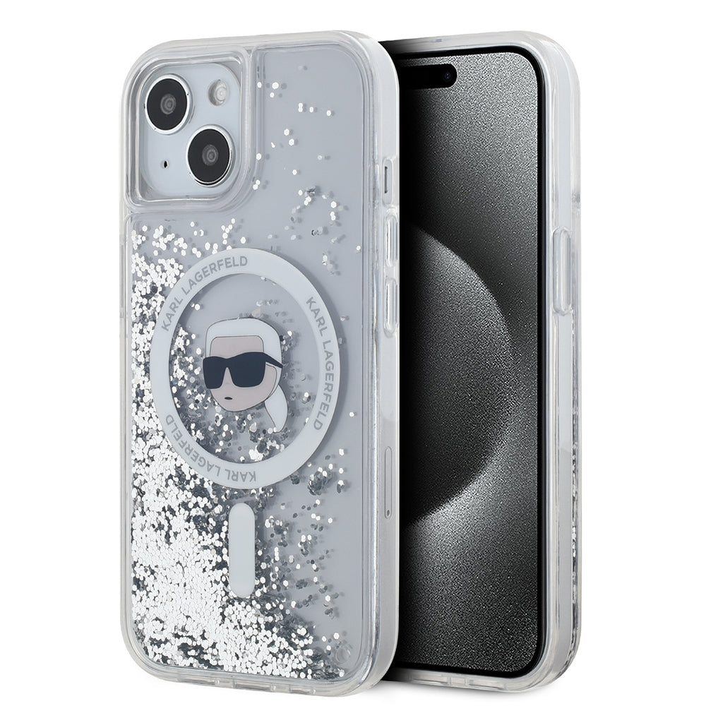 Husa MagSafe pentru Apple iPhone 15, Karl Lagerfeld, Liquid Glitter Karl's Head, Transparenta
