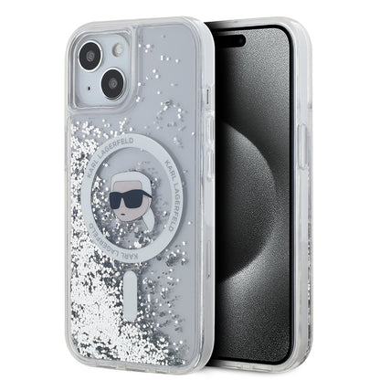 Husa MagSafe pentru Apple iPhone 15, Karl Lagerfeld, Liquid Glitter Karl's Head, Transparenta