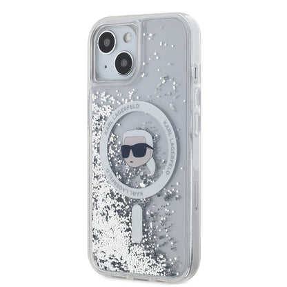 Husa MagSafe pentru Apple iPhone 15, Karl Lagerfeld, Liquid Glitter Karl's Head, Transparenta