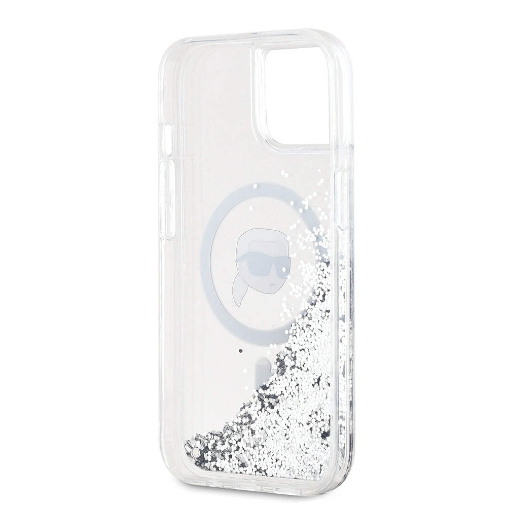 Husa MagSafe pentru Apple iPhone 15, Karl Lagerfeld, Liquid Glitter Karl's Head, Transparenta