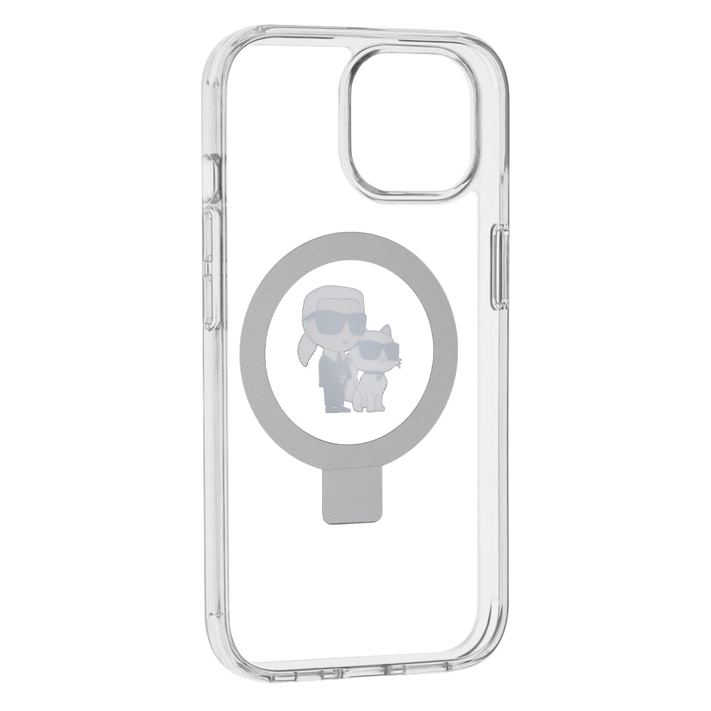 Husa MagSafe pentru Apple iPhone 15, Karl Lagerfeld, Ring Stand Karl & Choupette, Alba