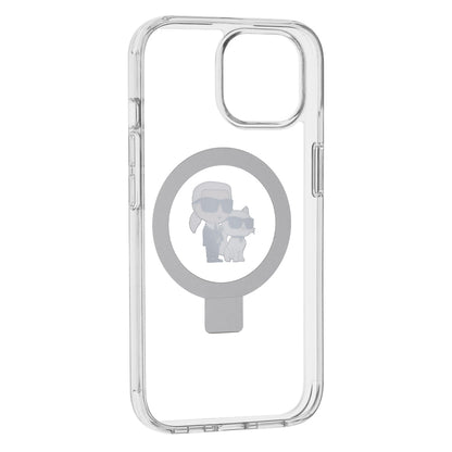 Husa MagSafe pentru Apple iPhone 15, Karl Lagerfeld, Ring Stand Karl & Choupette, Alba