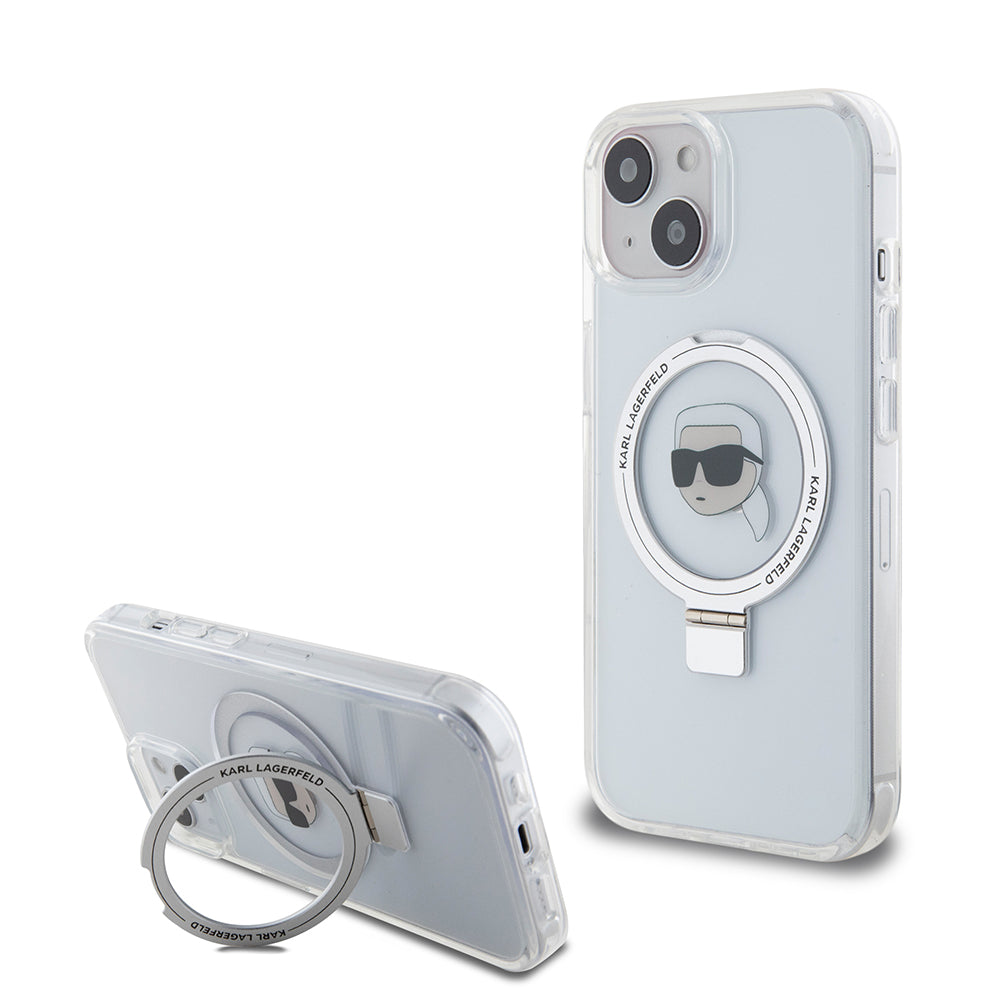 Husa MagSafe pentru Apple iPhone 15, Karl Lagerfeld, Ring Stand Karl's Head, Alba