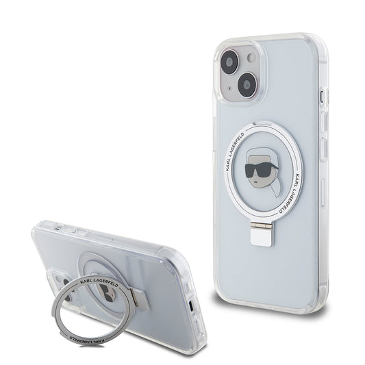 Husa MagSafe pentru Apple iPhone 15, Karl Lagerfeld, Ring Stand Karl's Head, Alba