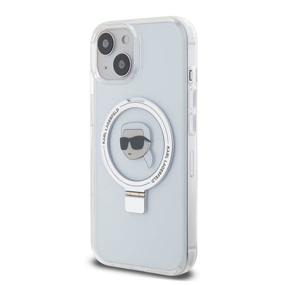 Husa MagSafe pentru Apple iPhone 15, Karl Lagerfeld, Ring Stand Karl's Head, Alba