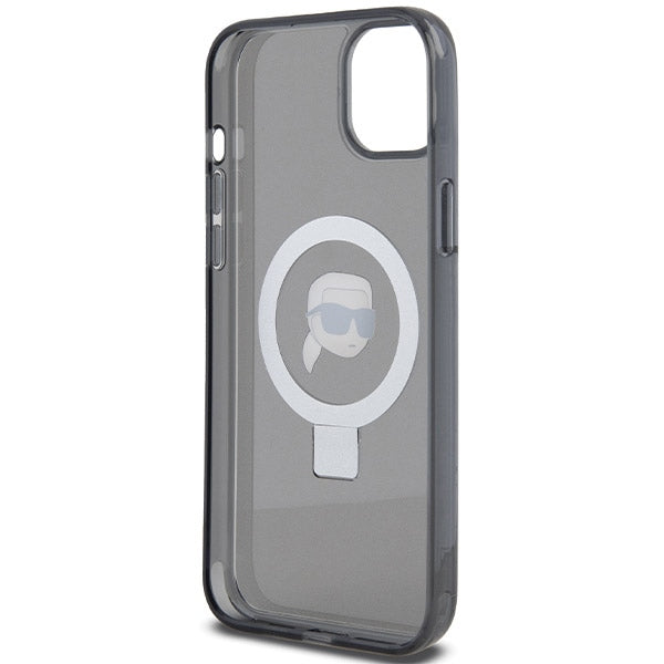 Husa MagSafe pentru Apple iPhone 15, Karl Lagerfeld, Ring Stand Karl's Head, Neagra