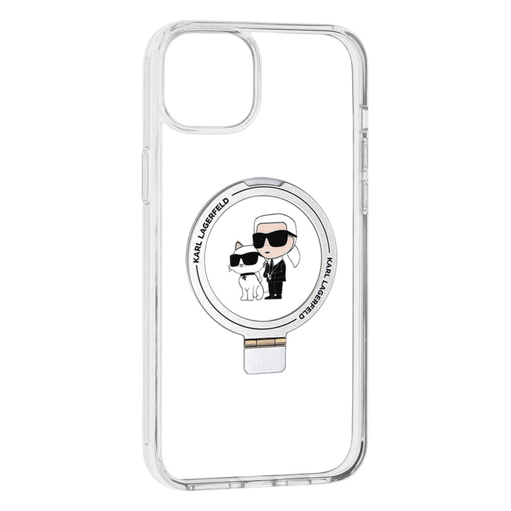 Husa MagSafe pentru Apple iPhone 15 Plus, Karl Lagerfeld, Ringstand Karl and Choupette, Alba