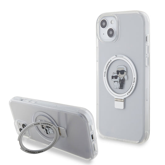 Husa MagSafe pentru Apple iPhone 15 Plus, Karl Lagerfeld, Ringstand Karl and Choupette, Alba