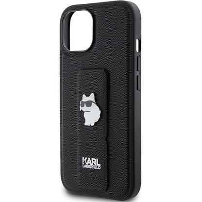 Husa MagSafe pentru Apple iPhone 15, Karl Lagerfeld, Saffiano Gripstand Choupette, Neagra