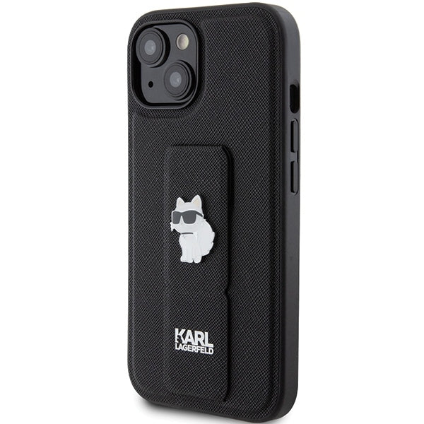 Husa MagSafe pentru Apple iPhone 15, Karl Lagerfeld, Saffiano Gripstand Choupette, Neagra