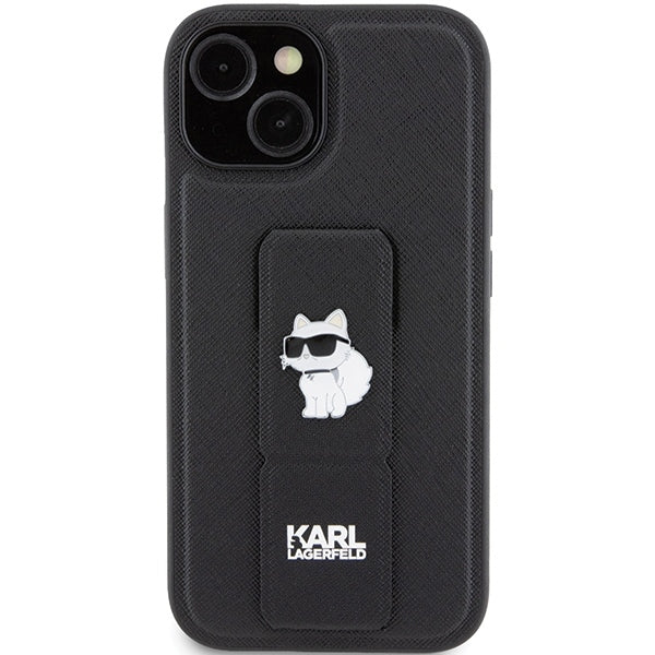 Husa MagSafe pentru Apple iPhone 15, Karl Lagerfeld, Saffiano Gripstand Choupette, Neagra
