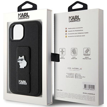Husa MagSafe pentru Apple iPhone 15, Karl Lagerfeld, Saffiano Gripstand Choupette, Neagra