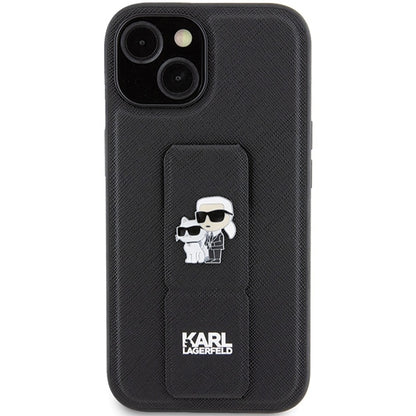Husa MagSafe pentru Apple iPhone 15, Karl Lagerfeld, Saffiano Gripstand Karl & Choupette, Neagra