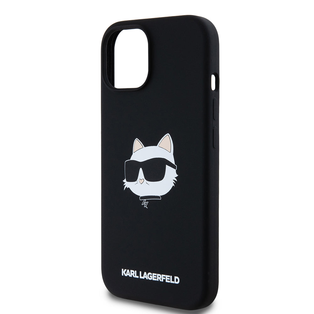 Husa MagSafe pentru Apple iPhone 15, Karl Lagerfeld, Silicone Choupette's Head, Neagra