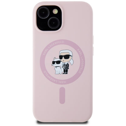 Husa MagSafe pentru Apple iPhone 15, Karl Lagerfeld, Silicone Karl & Choupette, Roz