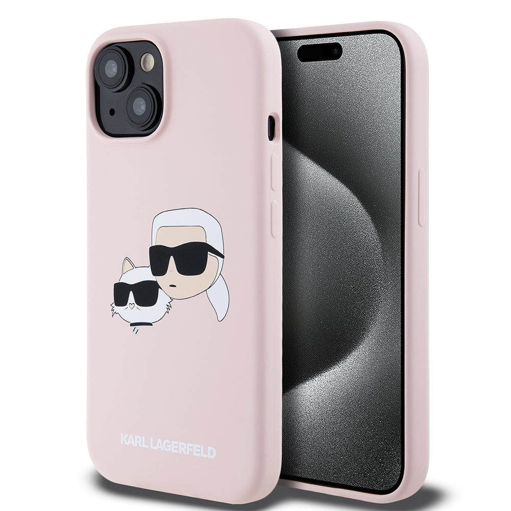 Husa MagSafe pentru Apple iPhone 15, Karl Lagerfeld, Silicone Karl & Choupette's Heads, Roz