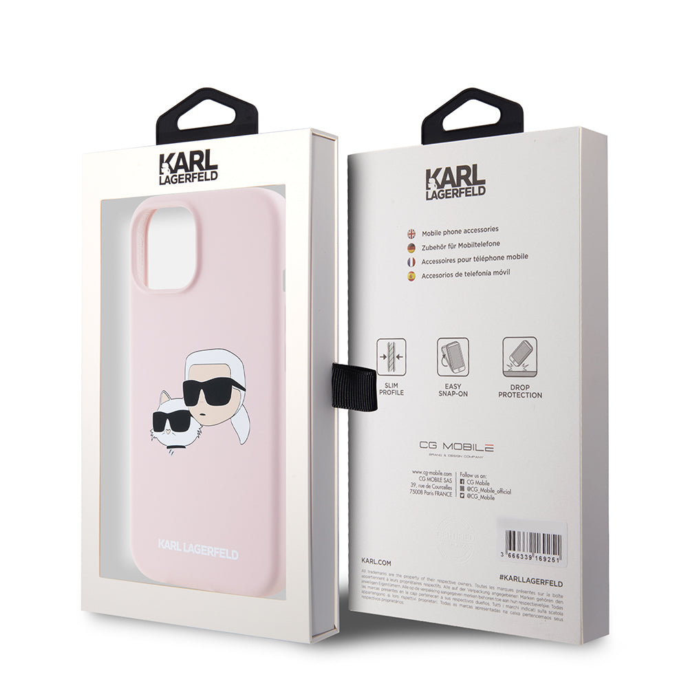 Husa MagSafe pentru Apple iPhone 15, Karl Lagerfeld, Silicone Karl & Choupette's Heads, Roz