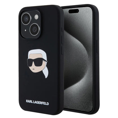 Husa MagSafe pentru Apple iPhone 15, Karl Lagerfeld, Silicone Karl's Head, Neagra