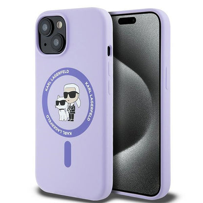 Husa MagSafe pentru Apple iPhone 15, Karl Lagerfeld, Silicone Ring Karl & Choupette, Mov