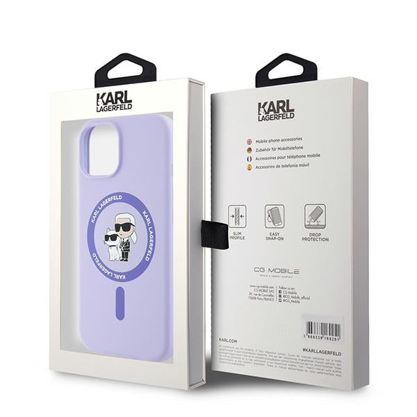 Husa MagSafe pentru Apple iPhone 15, Karl Lagerfeld, Silicone Ring Karl & Choupette, Mov