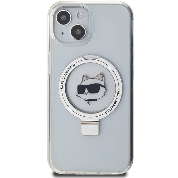 Husa MagSafe pentru Apple iPhone 15 Plus / 14 Plus, Karl Lagerfeld, Ring Stand Choupette's Head, Alba