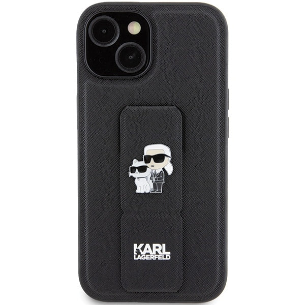 Husa MagSafe pentru Apple iPhone 15 Plus / 14 Plus, Karl Lagerfeld, Saffiano Gripstand Karl & Choupette, Neagra