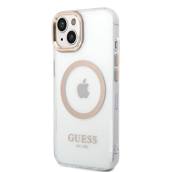 Husa MagSafe pentru Apple iPhone 15 Plus, Guess, Metal Outline, Aurie