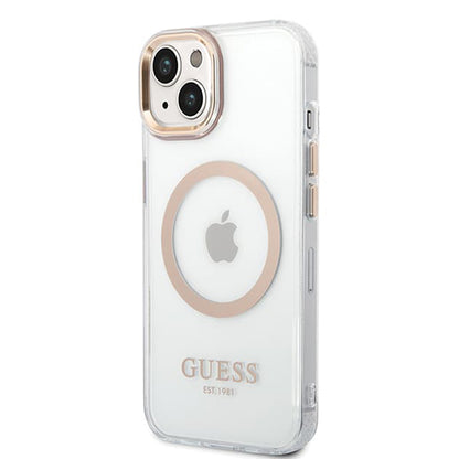 Husa MagSafe pentru Apple iPhone 15 Plus, Guess, Metal Outline, Aurie