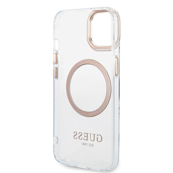 Husa MagSafe pentru Apple iPhone 15 Plus, Guess, Metal Outline, Aurie