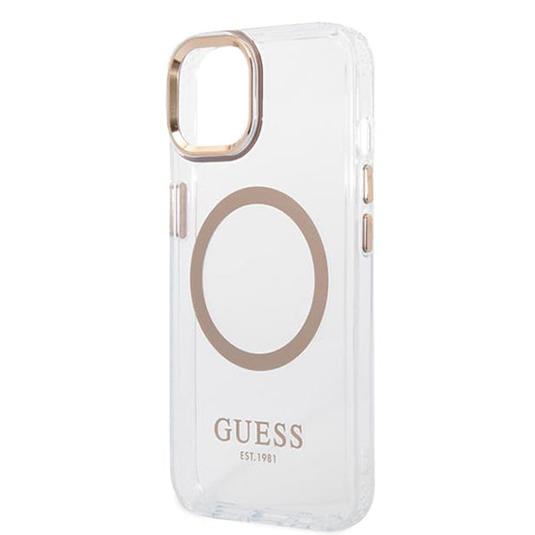 Husa MagSafe pentru Apple iPhone 15 Plus, Guess, Metal Outline, Aurie