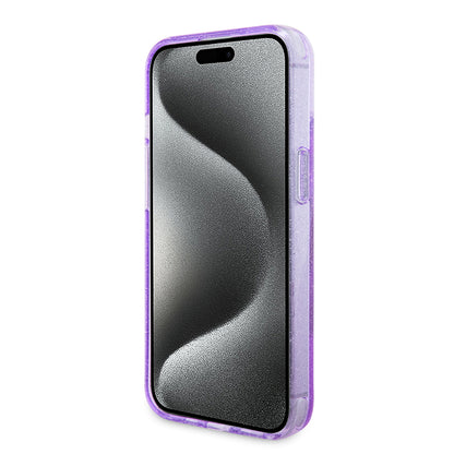 Husa MagSafe pentru Apple iPhone 15 Plus, Guess, Ring Stand Script Glitter, Mov