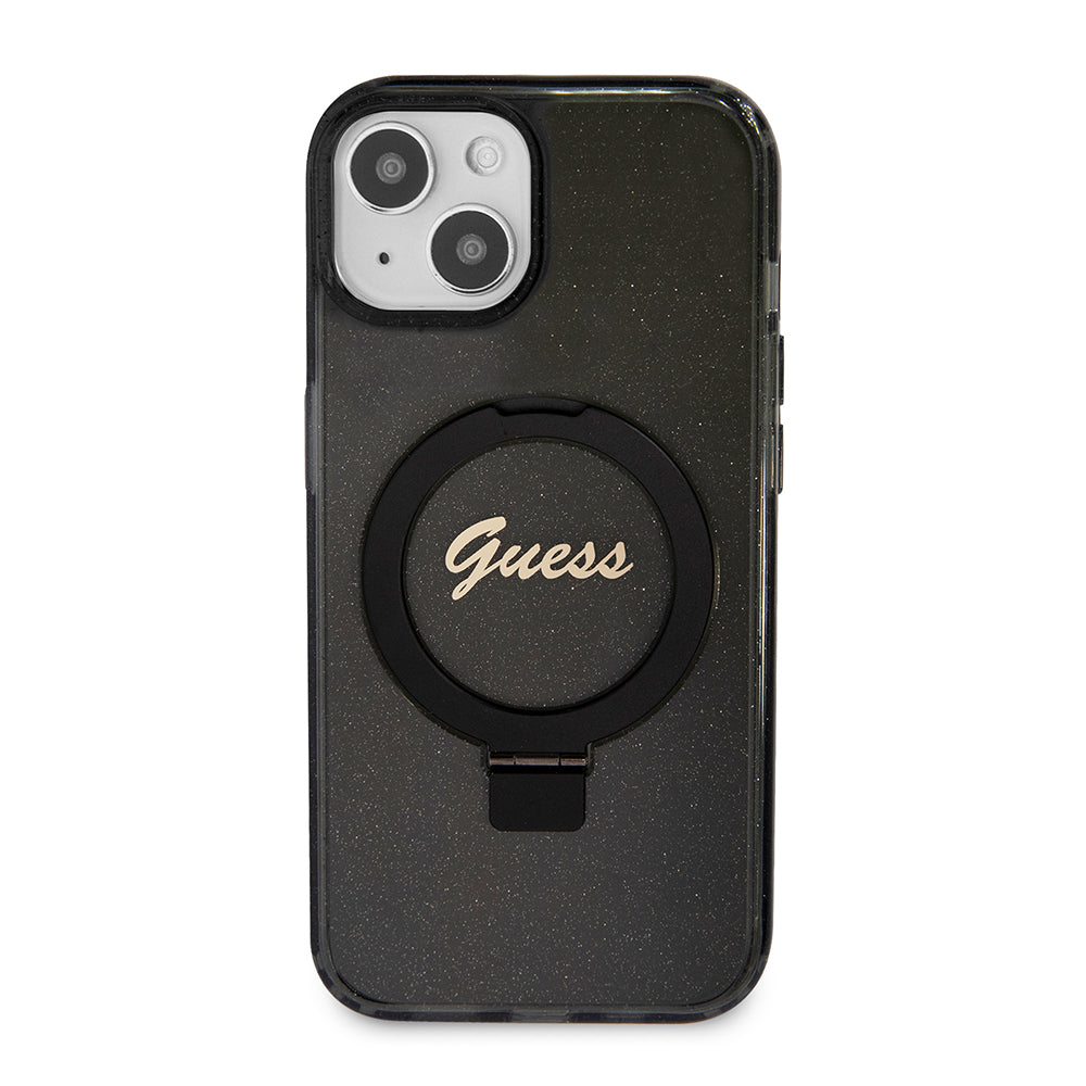 Husa MagSafe pentru Apple iPhone 15 Plus, Guess, Ring Stand Script Glitter, Neagra