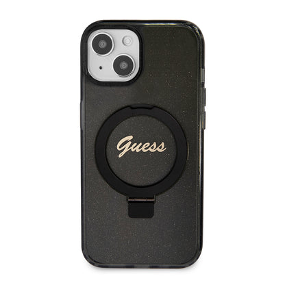 Husa MagSafe pentru Apple iPhone 15 Plus, Guess, Ring Stand Script Glitter, Neagra