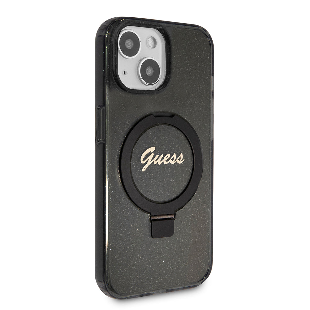Husa MagSafe pentru Apple iPhone 15 Plus, Guess, Ring Stand Script Glitter, Neagra