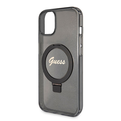 Husa MagSafe pentru Apple iPhone 15 Plus, Guess, Ring Stand Script Glitter, Neagra