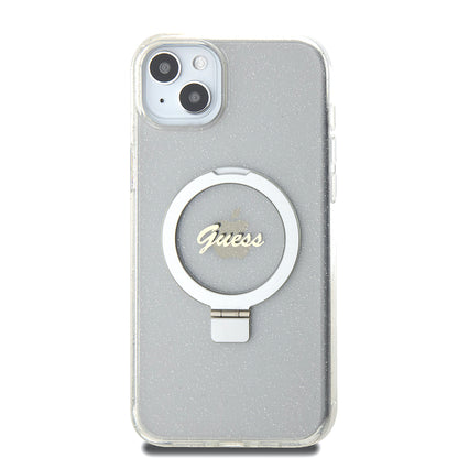 Husa MagSafe pentru Apple iPhone 15 Plus, Guess, Ring Stand Script Glitter, Transparenta