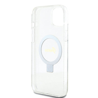 Husa MagSafe pentru Apple iPhone 15 Plus, Guess, Ring Stand Script Glitter, Transparenta